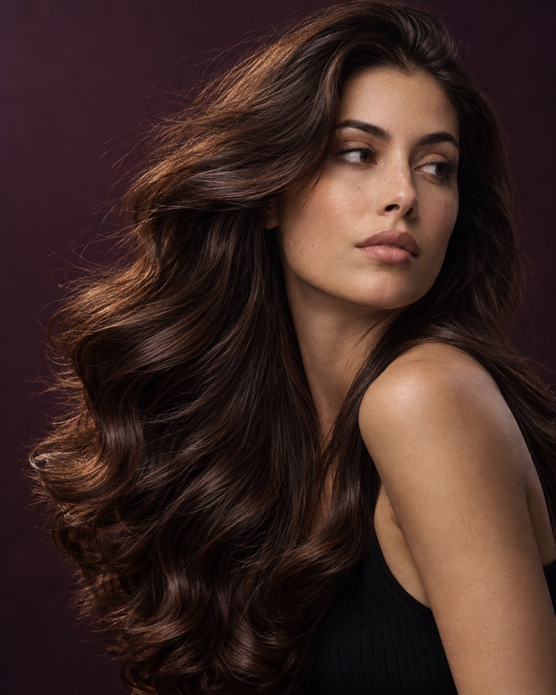 Retrato editorial de una mujer con cabello castaño ondulado en movimiento